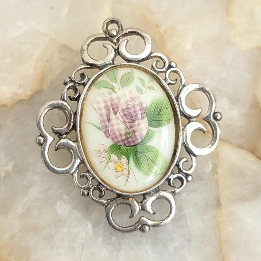 Jez Ceramic Flower Brooch/Pendant 925 Sterling Silver